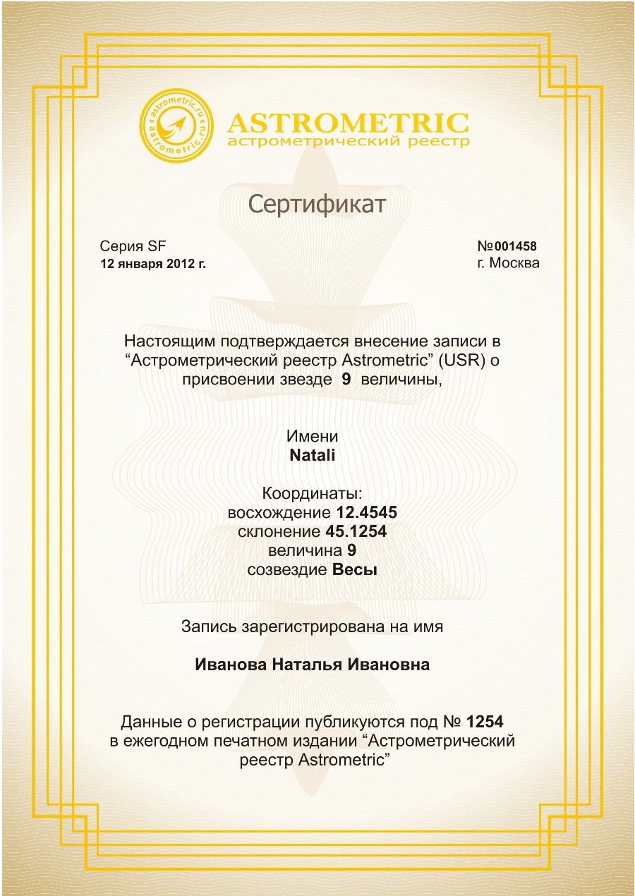 Сертификат подарка звезды Сертификат подарка звезды